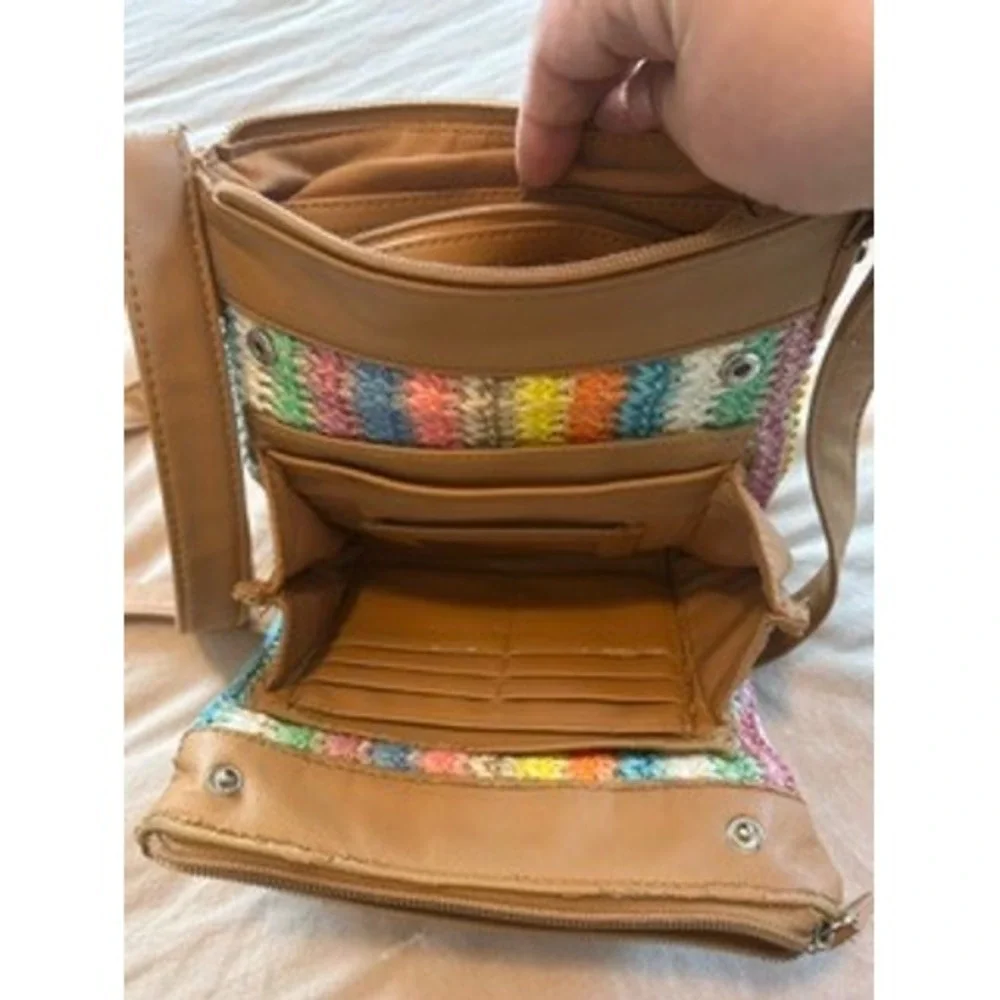 Rosetti Multi Color Striped Woven Crossbody Bag Tan Organizer Purse